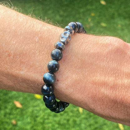 Blue Tiger Eye and Hematite Skull Stretch Bracelet