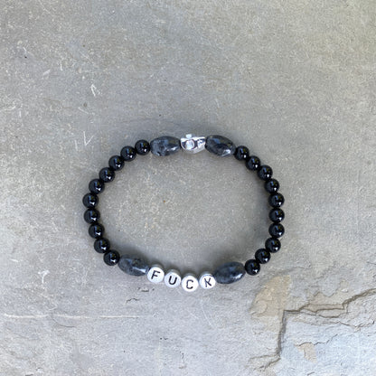 Men’s onyx and black labradorite "Fuck" stretch bracelet