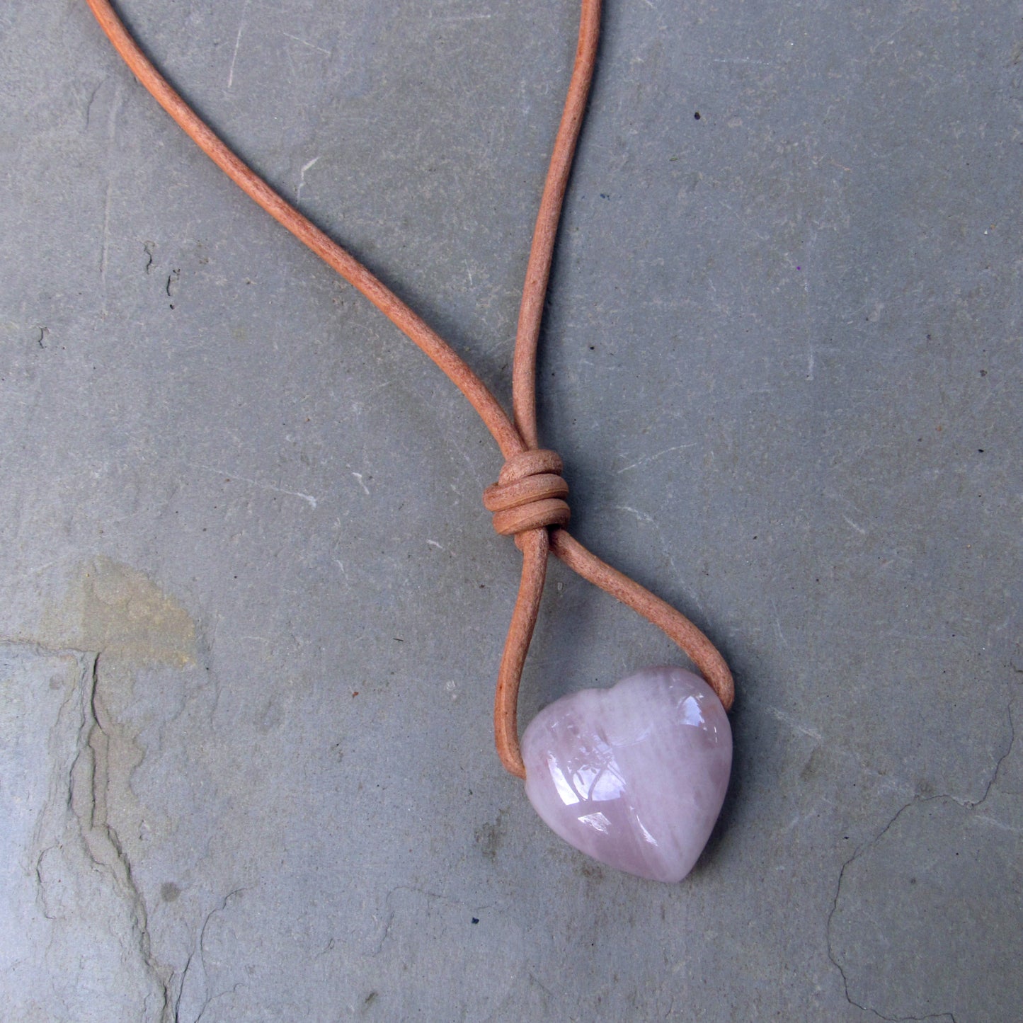 Rose Quartz Heart Pendant on Leather with Copper Clasp