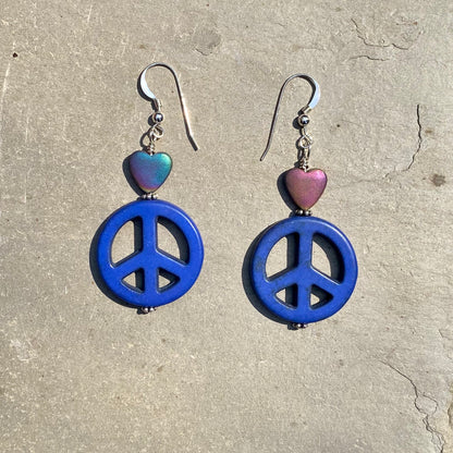 Howlite Peace Sign w/ Hematite Heart Drop Earrings in Choice of colors