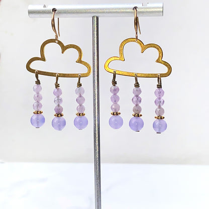 Raw Brass Cloud and Amethyst gemstone Rain Drop Earrings