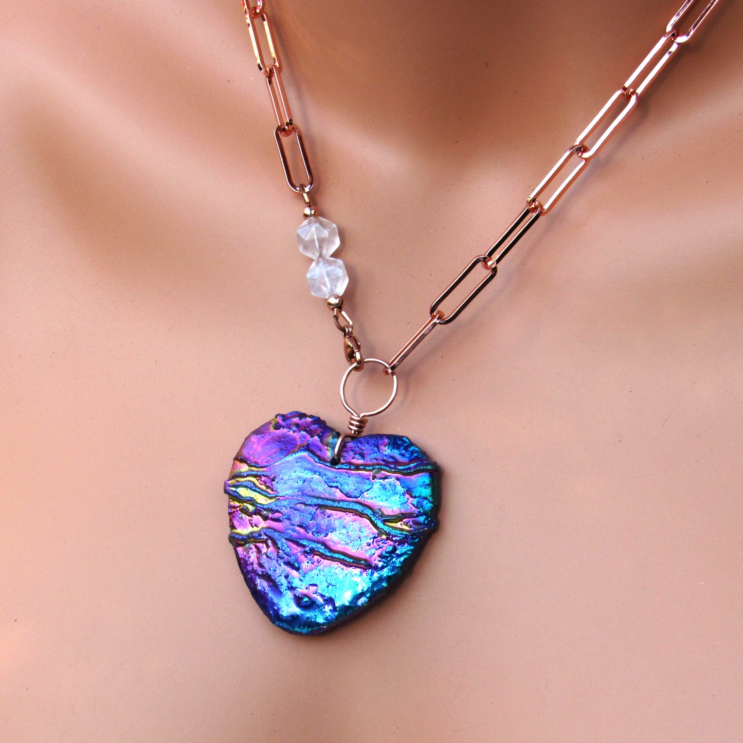 Crystal Heart coated Titanium, Pink Topaz gemstone, and 14Kt Rose Gold Fill