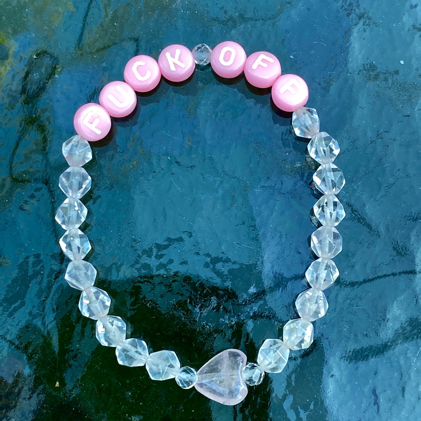 Woman’s rose quartz ”Fuck off" stretch Bracelet