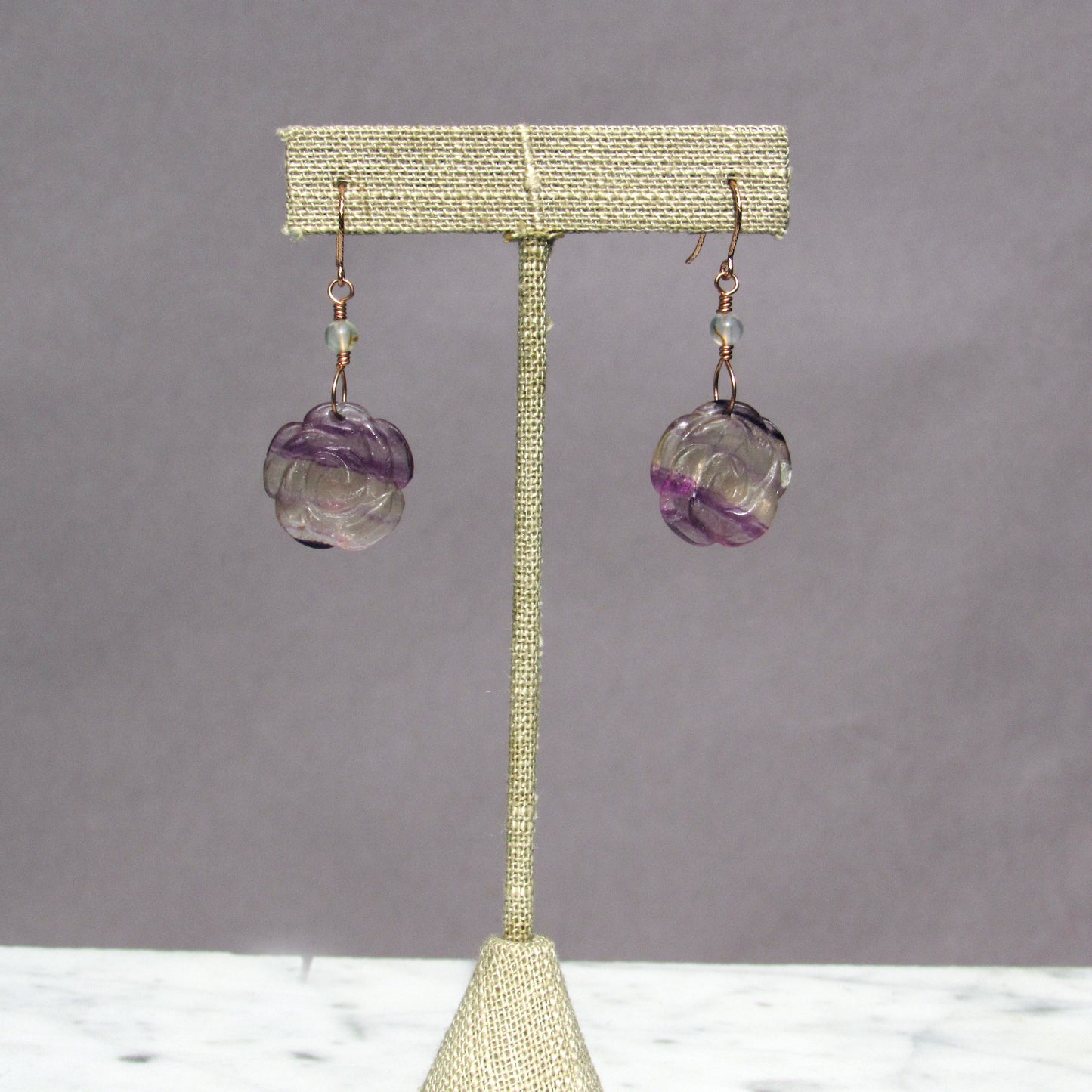 Fluorite Rose and White Agate Gemstone Drop Earrings