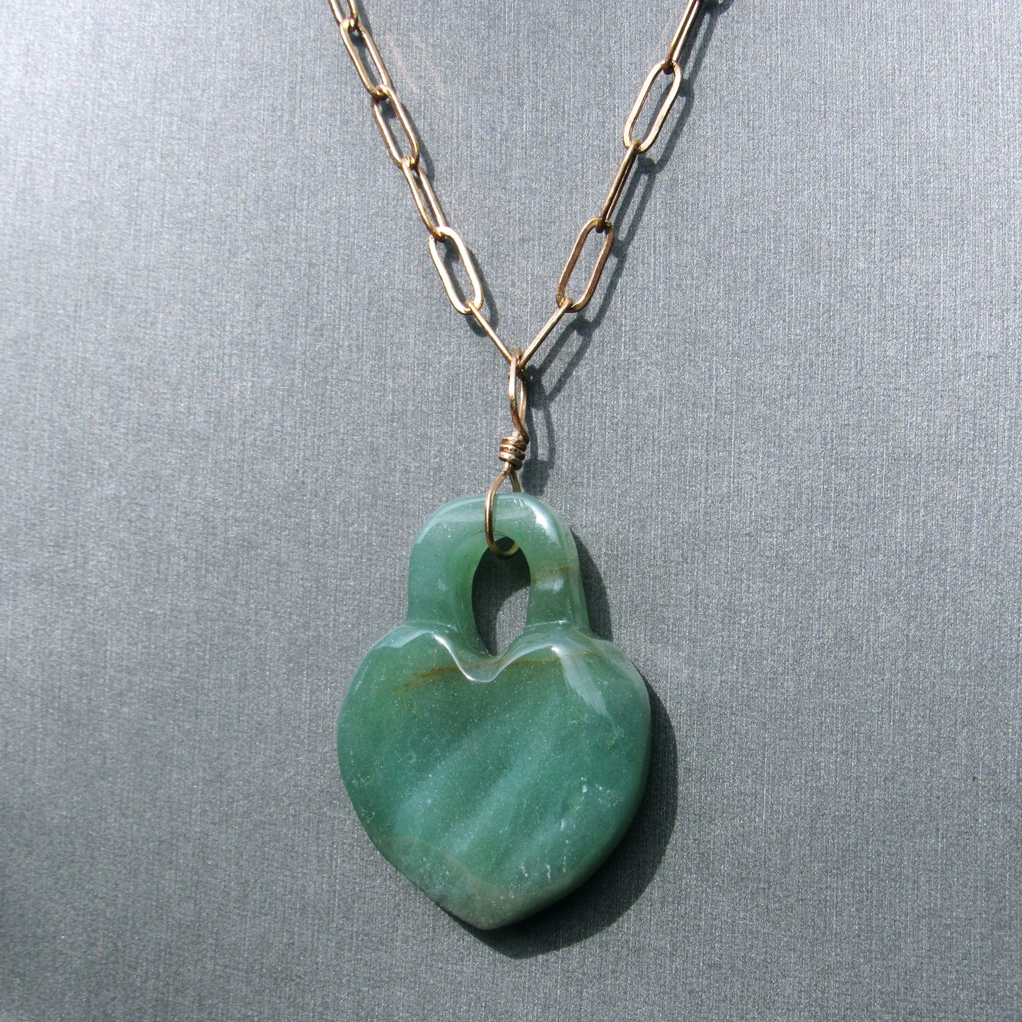 Green Aventurine gemstone carved Heart Lock on Brass Chain