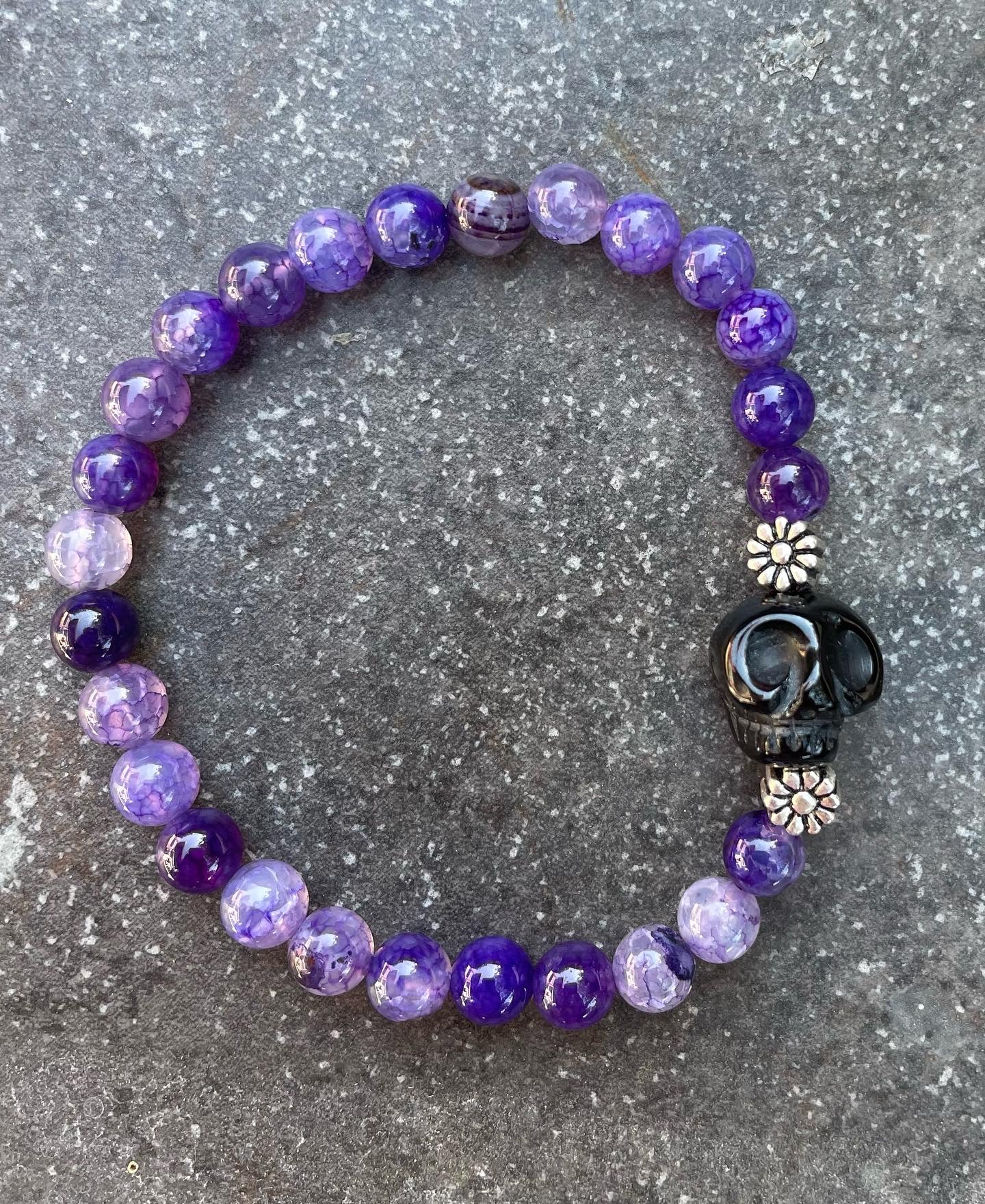 Purple Agates, Onyx Skull Beaded Stretch bracelet