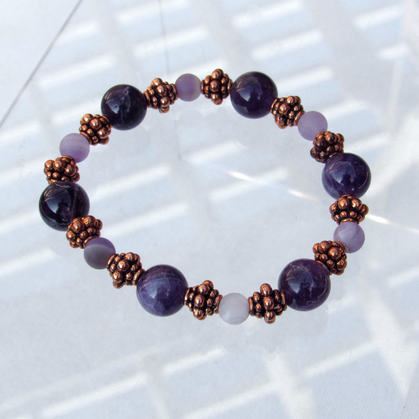 Amethyst gemstone and Copper Beaded Stretch Bracelet