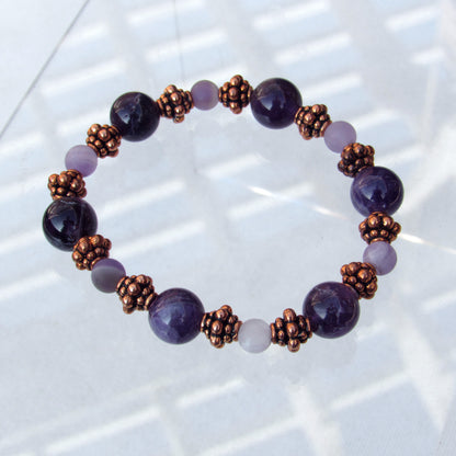 Amethyst gemstone and Copper Beaded Stretch Bracelet