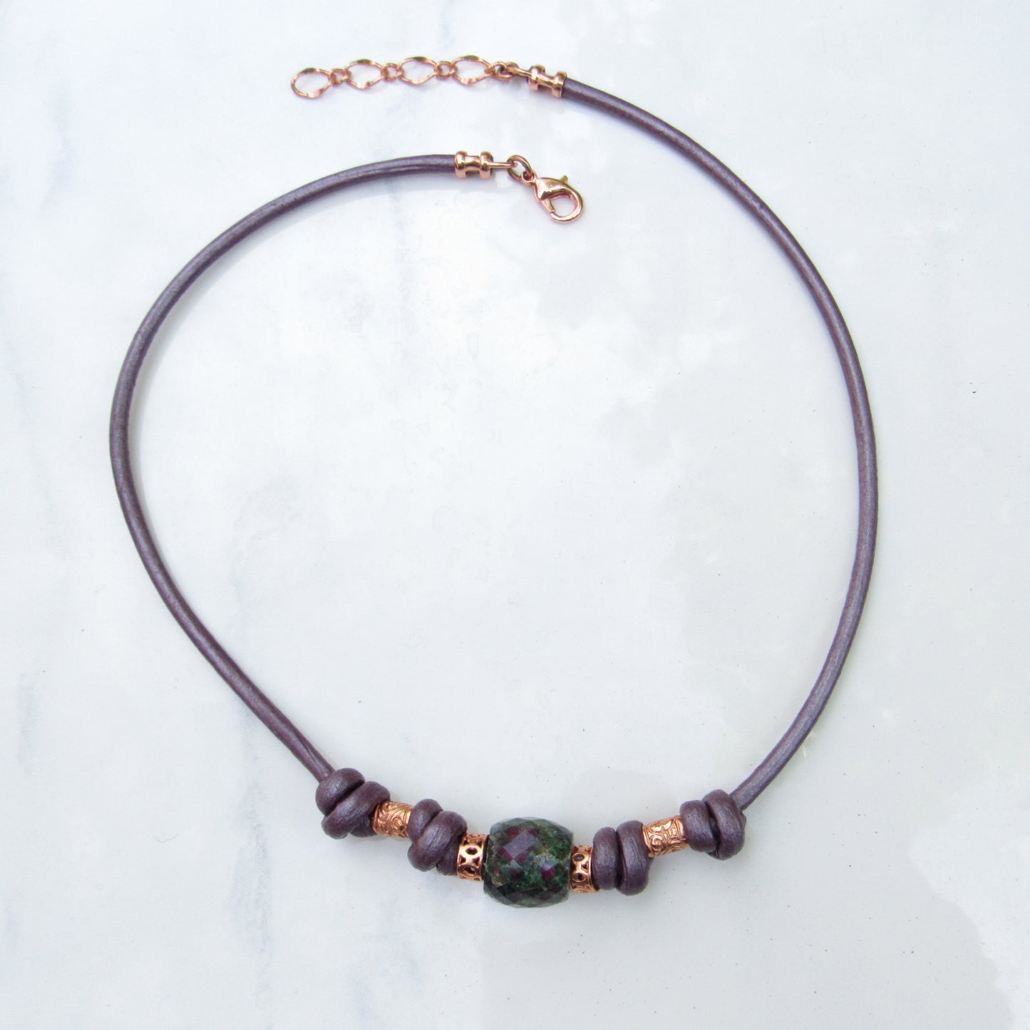 Ruby Zoisite and Copper Hand Knotted on Leather necklace