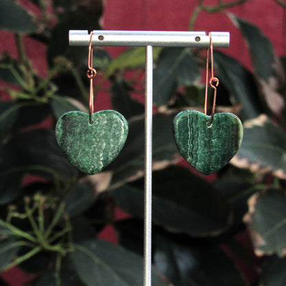 Copper wire with Green Rhodonite Gemstone Hearts earrings