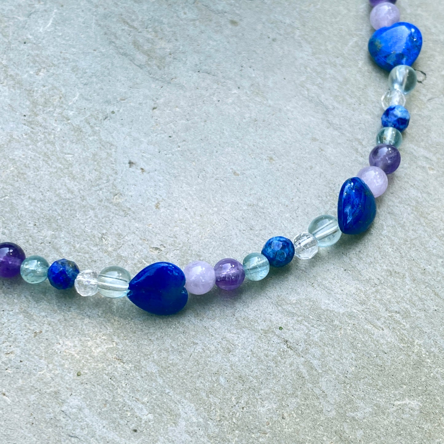 Beautiful Lapis Lazuli heart, clear quartz, fluorite, amethyst, sterling silver anklet