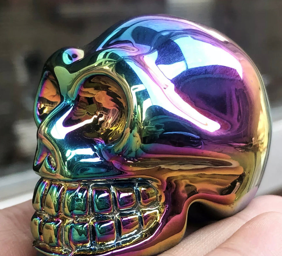 Rainbow Titanium Aura quartz gemstone carved skull