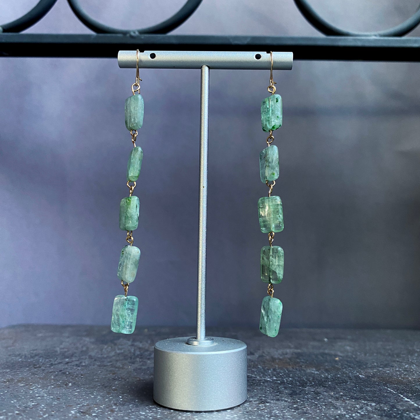 Green Kyanite Gemstone and 14 kt gold filled long drop earrings