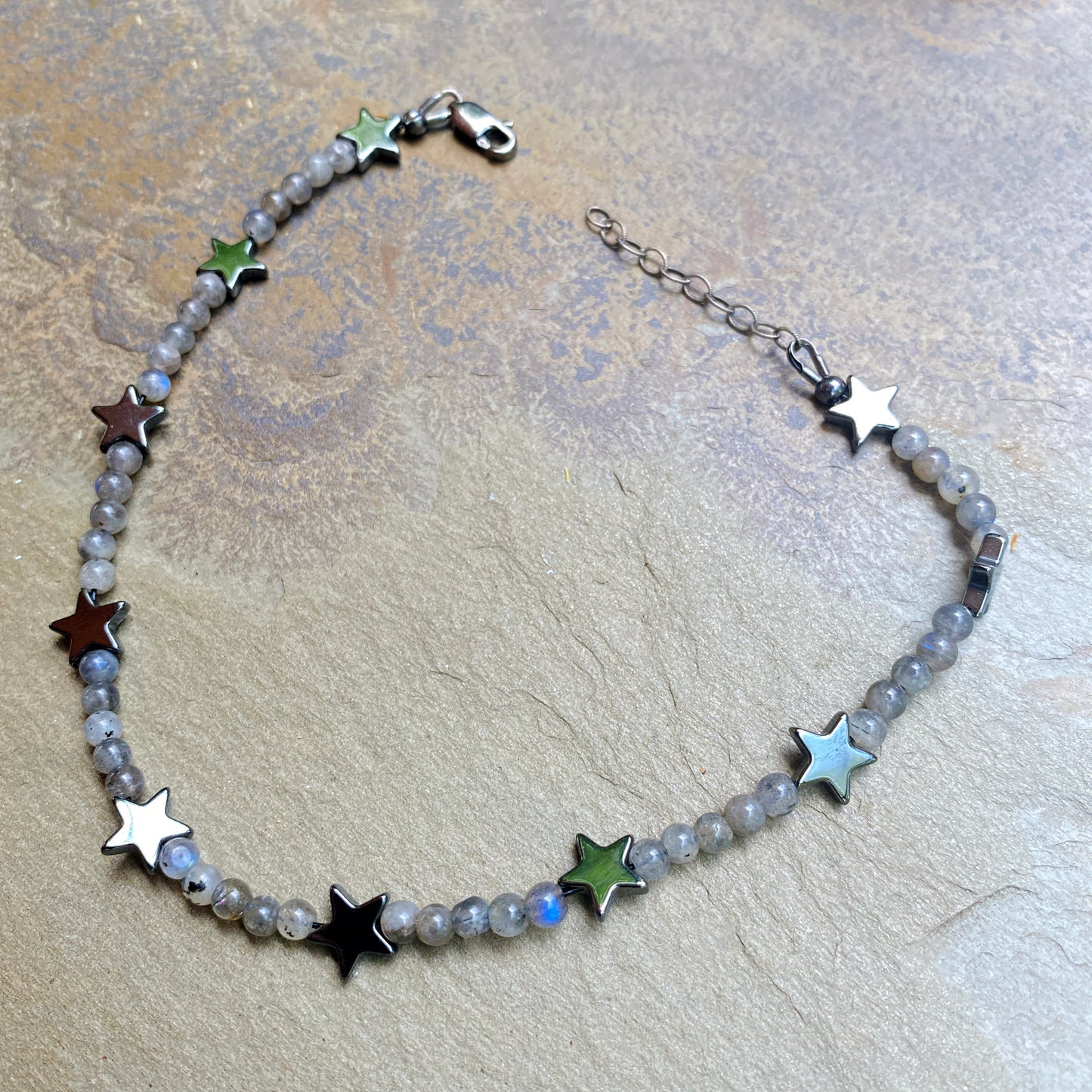 White labradorite and hematite gemstone star with oxidized sterling silver