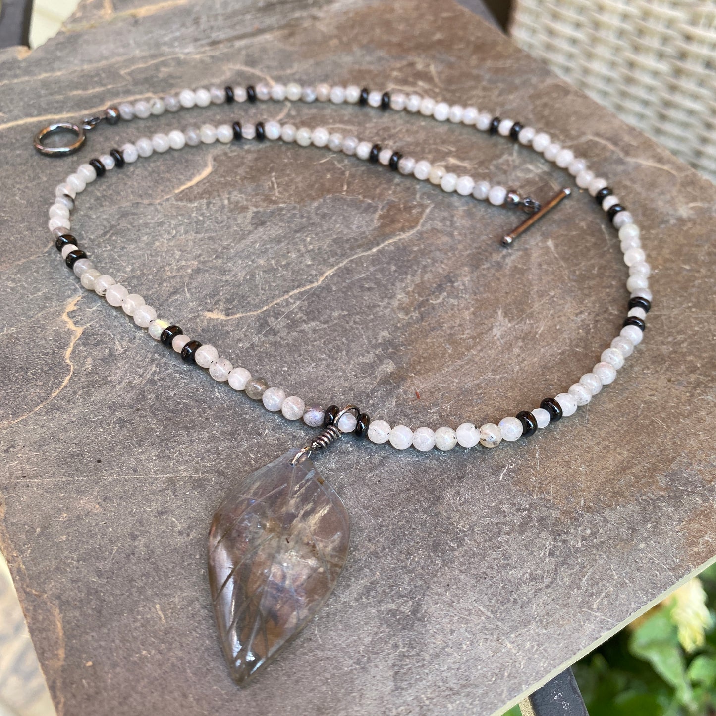 Labradorite Leaf Pedant W/ Oxidized Sterling Silver Gemstone Necklace