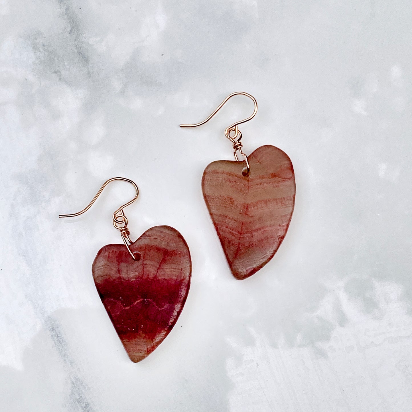 Rhodochrosite gemstone Hearts and 14 Kt Rose Gold fill Drop Earrings