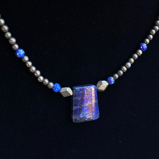 Pyrite Gemstones and Lapis Lazuli pendant Necklace