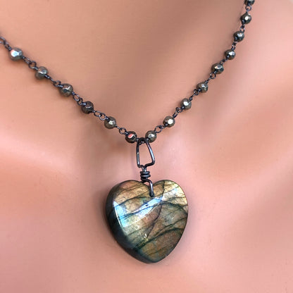 Labradorite Heart on Pyrite and Oxidized Sterling Silver Chain