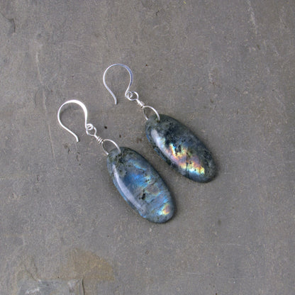 Labradorite Gemstones Hand Wrapped with Sterling Silver Drop Earrings