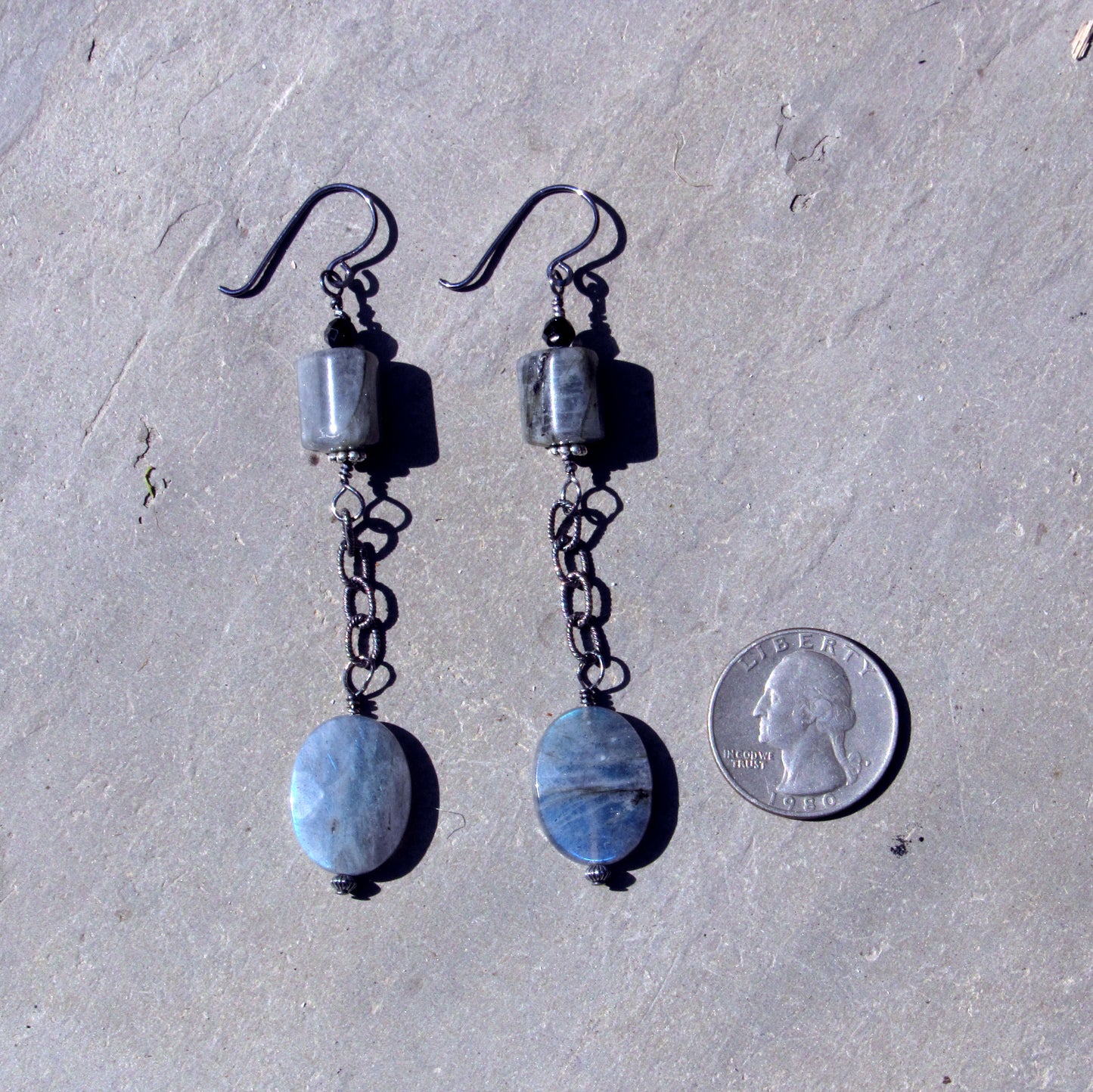 Labradorite, Black Spinel Gemstones, and Oxidized Sterling Silver Earrings