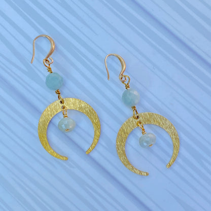 Aquamarine gemstone and brass Moon Earrings