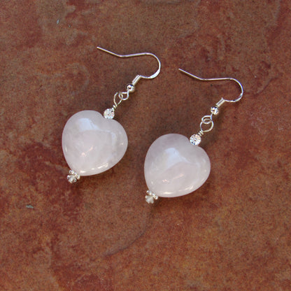 Rose Quartz Gemstone Hearts and Sterling Silver Drop Earrings