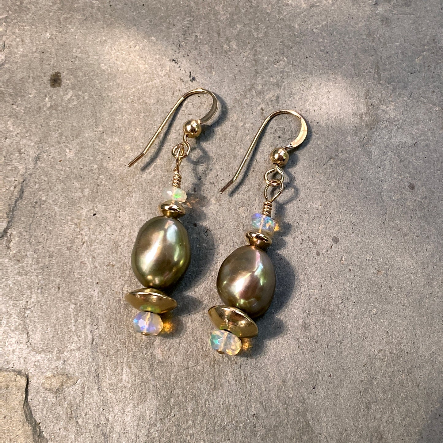 Freshwater Pearls, Australian Opal Gemstones, 14 Kt Gf Earrings