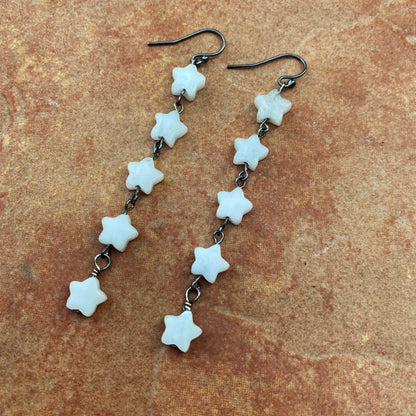 Quartz stars and oxidized Sterling silver long drop earrings