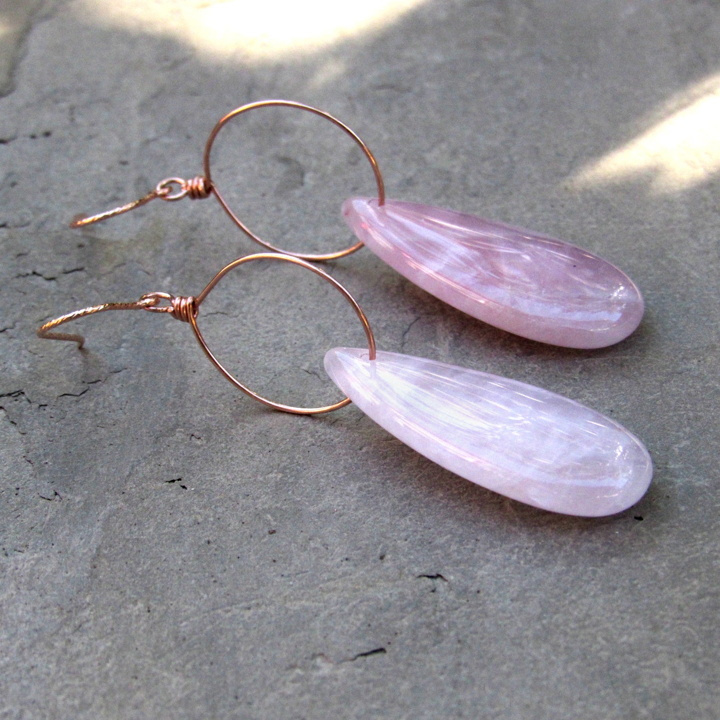 Rose Quartz Gemstone and Hand wrapped 14 kt Rose Gold Fill Drop Earrings