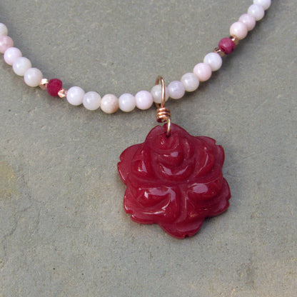 Red Agate Gemstone Flower w/ Pink Opals and Rubies and 14 kt Rose GF Necklace