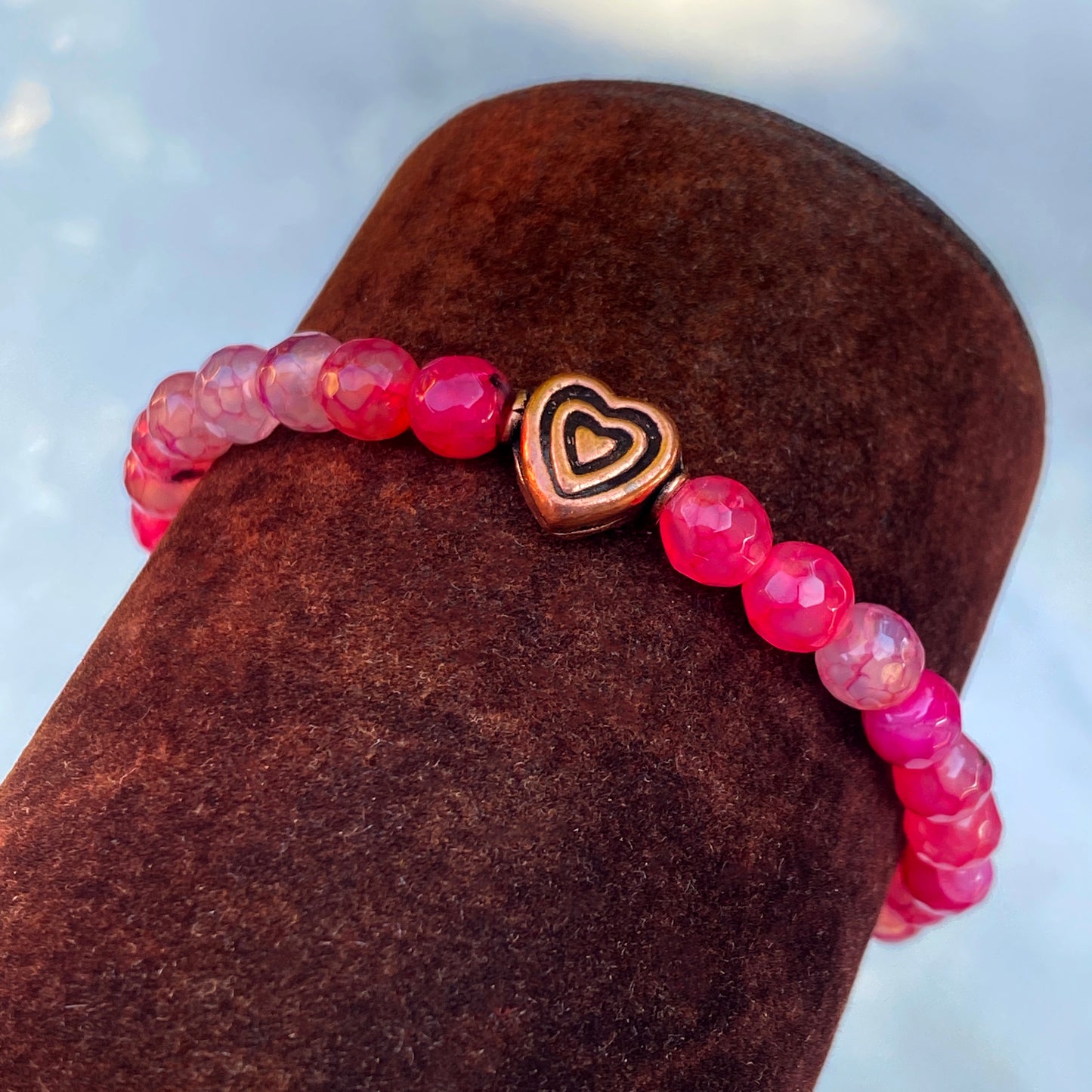 Pink agate and copper heart bracelet