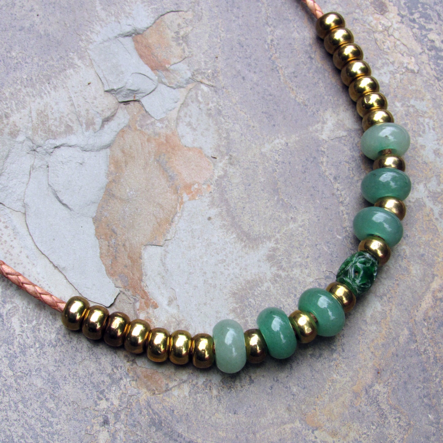 Jade gemstone, Aventurine, and Brass on genuine leather Necklace