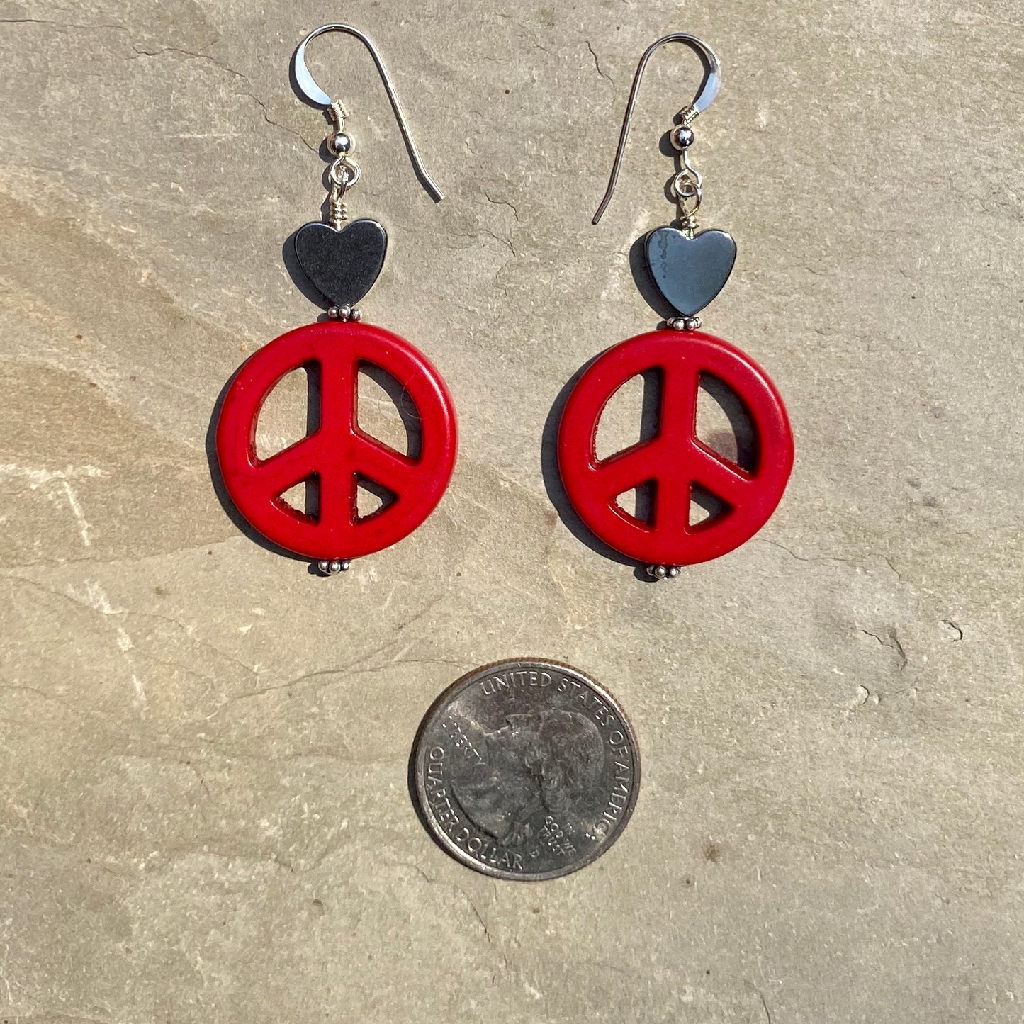 Howlite Peace Sign w/ Hematite Heart Drop Earrings in Choice of colors