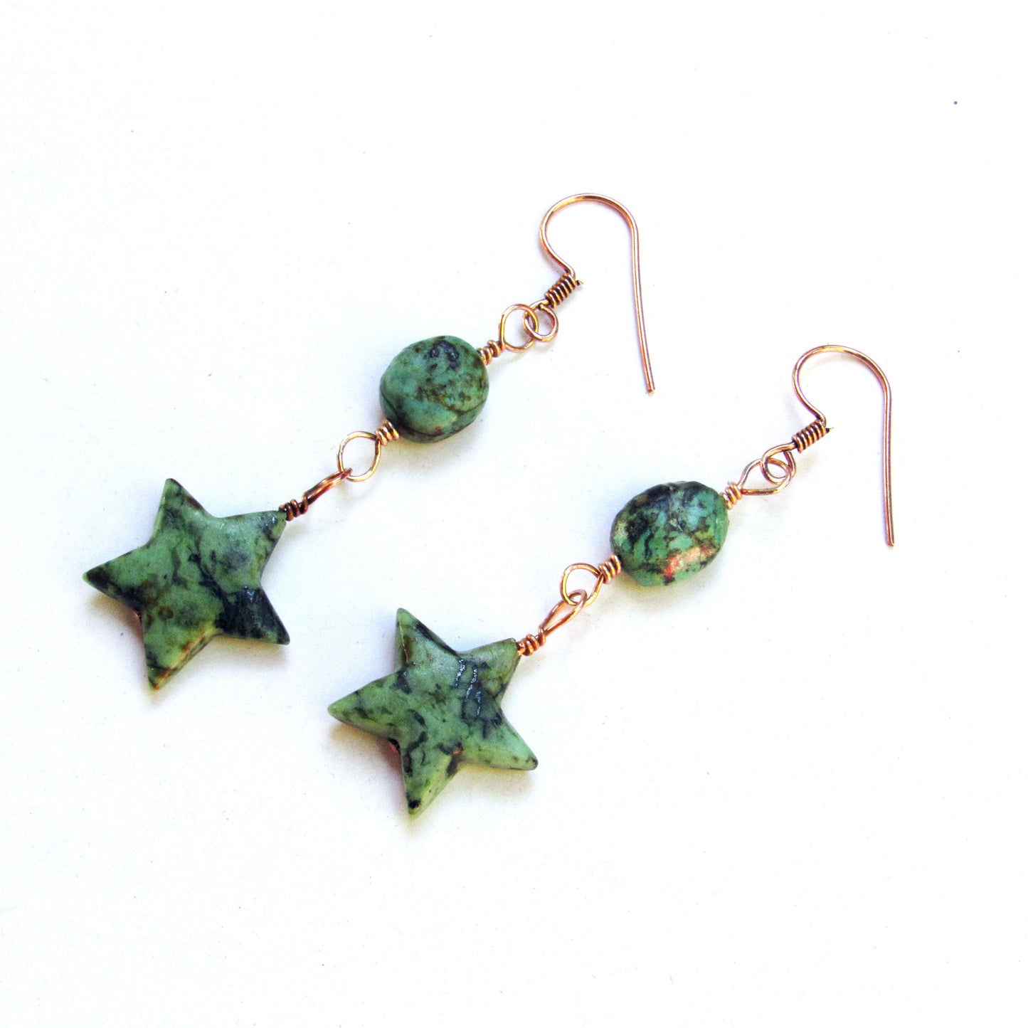 African Turquoise gemstone stars hand wrapped on Copper Drop Earrings