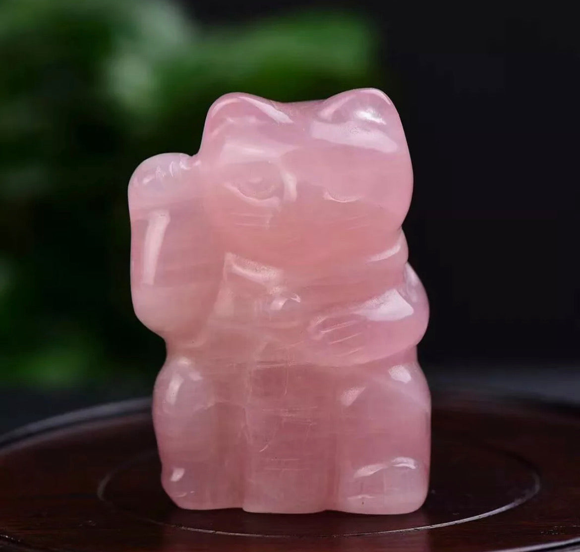 Rose Quartz gemstone carved Lucky Cat