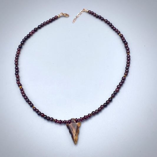 Red Tiger Eye Gemstone Arrow and Garnet Necklace w/ 14 kt Rose Gf components