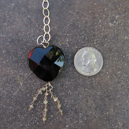 Black Onyx Faceted Heart Pendant w/ Labradorite on Sterling Silver Chain