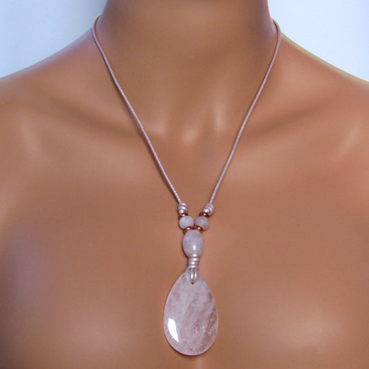 Rose Quartz and Copper on Pink Leather Necklace