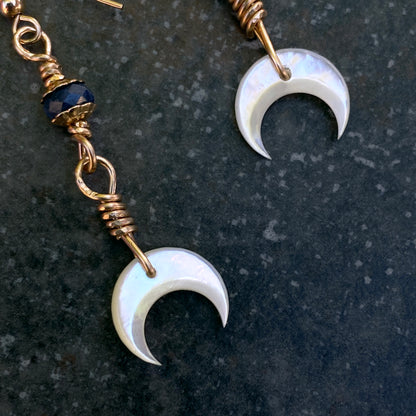 Blue Sapphire gemstone Moon Dangle Earrings