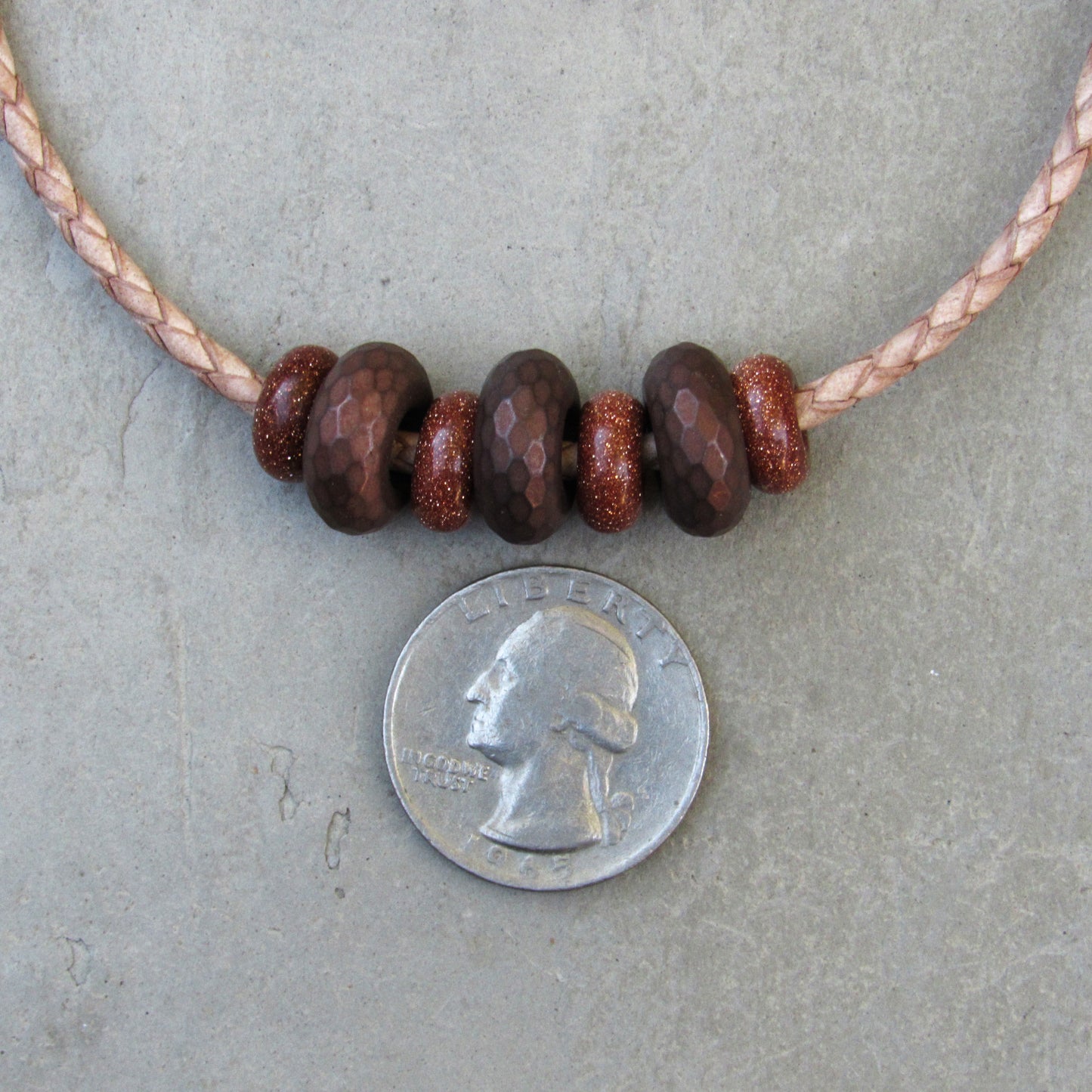 Men’s Copper, Hematite, Goldstone gemstones on genuine Leather clasp bracelet