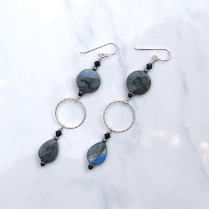 Labradorite, Onyx, Black Spinel, and Sterling Silver Drop Earrings