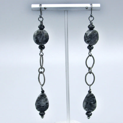 Larvikite, Black Spinel, Oxidized Sterling Silver Long Drop Earrings