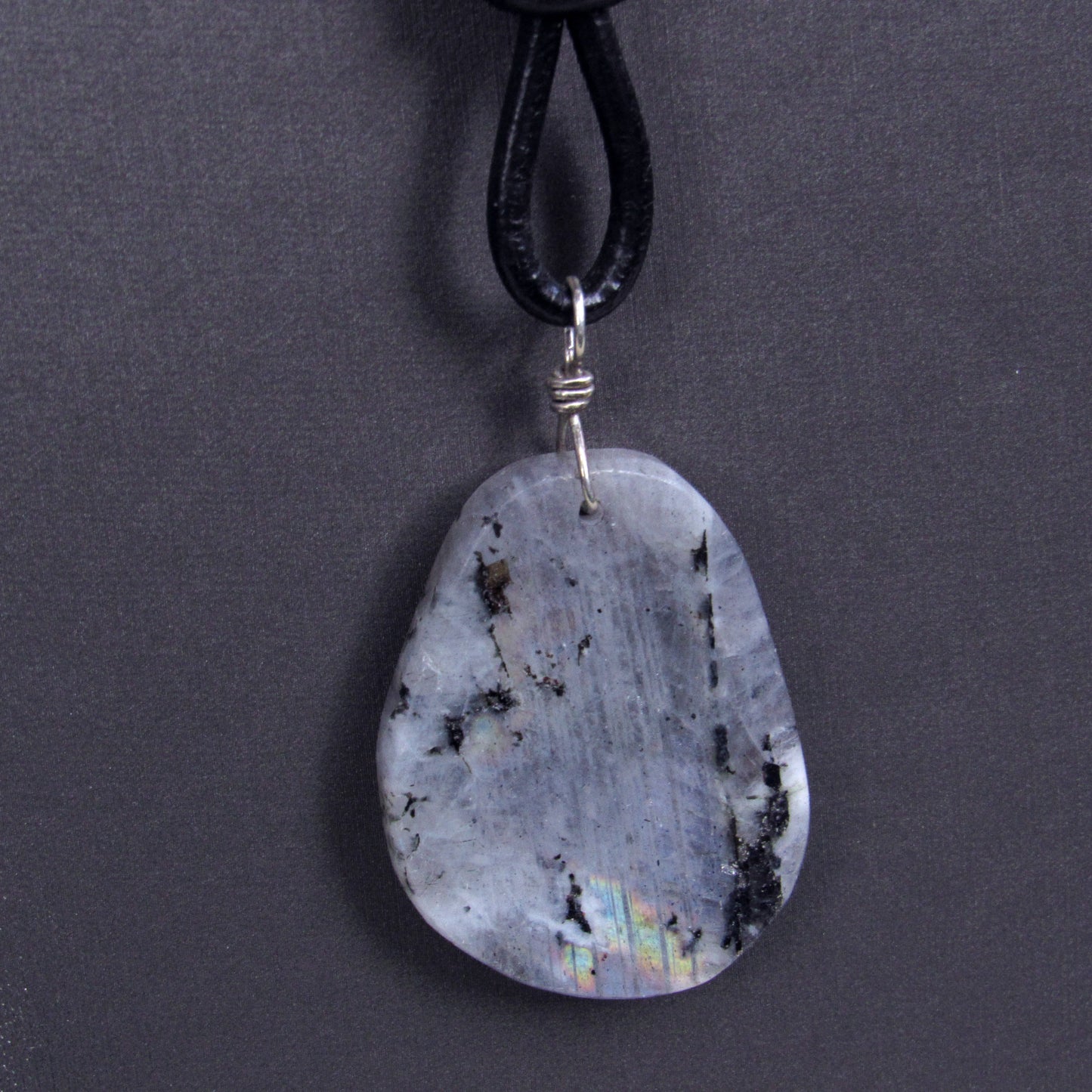 Labradorite gemstone hand Wrapped with Sterling Silver Hand Knotted on Black Leather Necklace