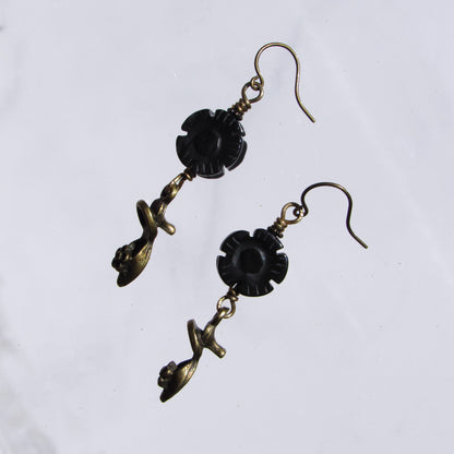 Brass shoe and onyx flower drop earrings