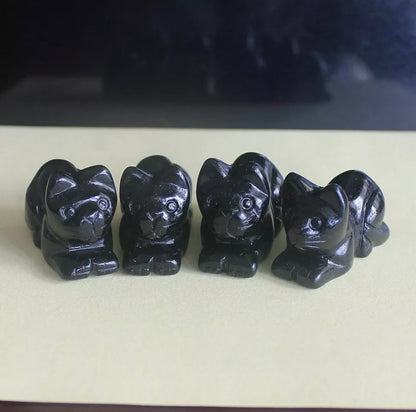 Natural Black Obsidian gemstone carved Kitty Cat