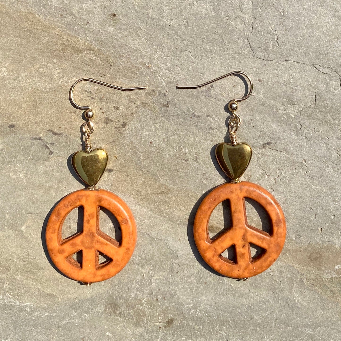 Howlite Peace Sign w/ Hematite Heart Drop Earrings in Choice of colors