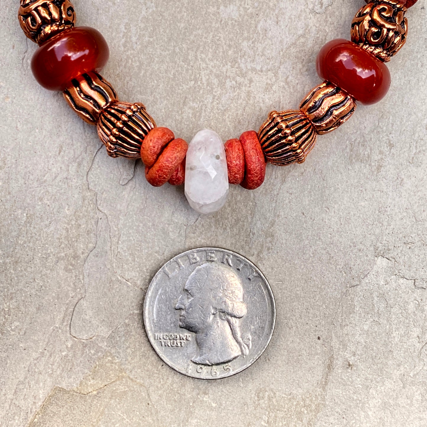 Moonstone gemstone with Red Agate and Copper on Red Leather clasp Bracelet