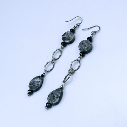 Larvikite, Black Spinel, Oxidized Sterling Silver Long Drop Earrings