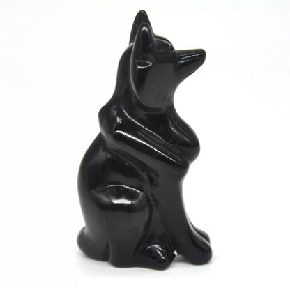 Natural Black Obsidian gemstone carved Fox