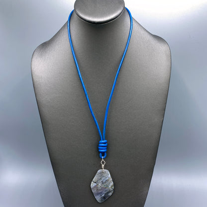 Labradorite Gemstone and Blue Leather Necklace Hand Wrapped w/ Sterling Silver and Sterling Clasp